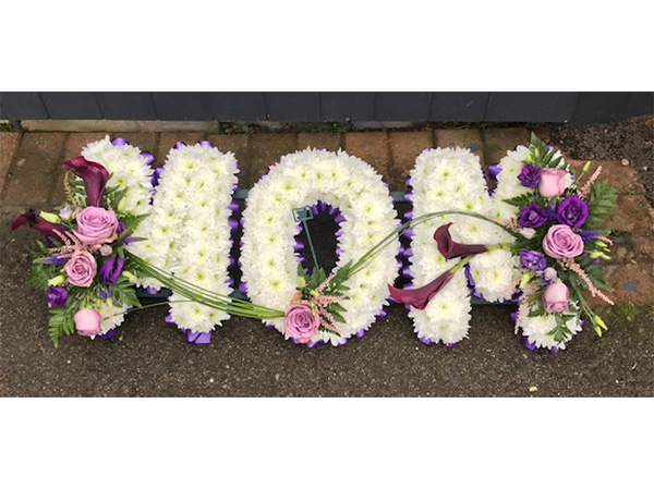 Purple and white Mom Flower Letters by west midlands based florist
