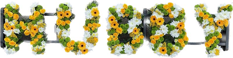 Yellow white and green floral lettering spelling out hubby