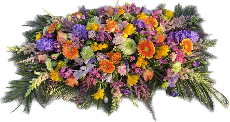 Multicoloured floral spray for a funeral