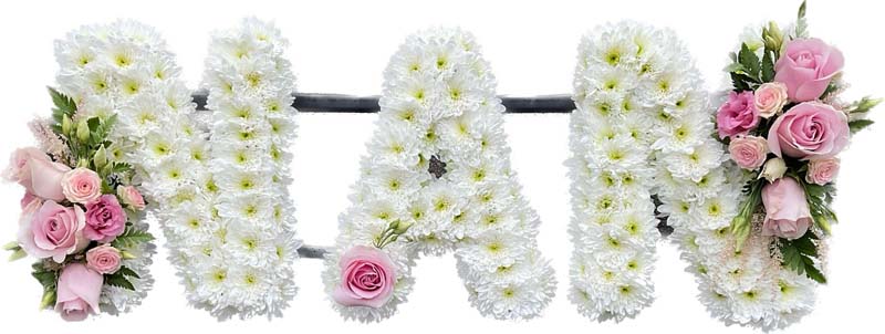 Pink and white floral lettering spelling out nan
