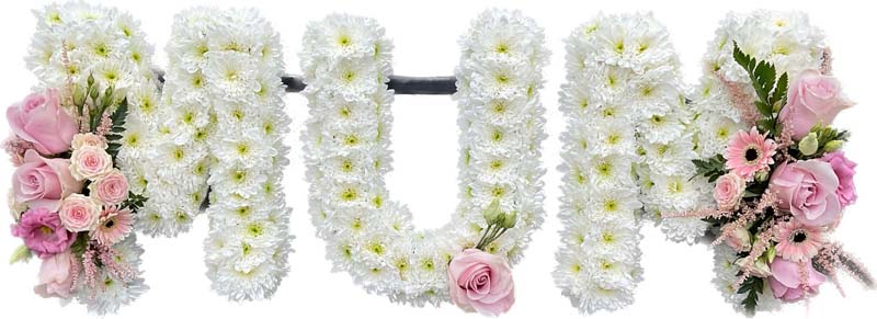 White and pink floral lettering spelling out mum