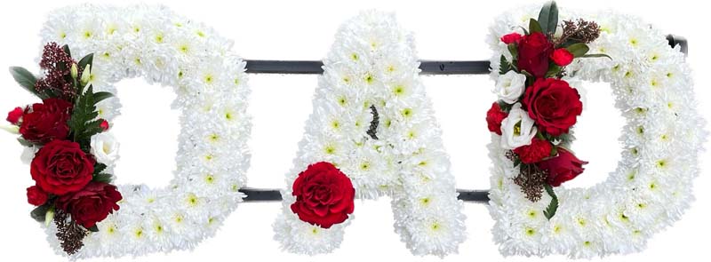 White and red floral lettering for a funeral spelling out dad
